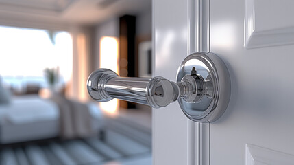 Interior door handle, close-up detail of new door handle on door, ultramodern. Generative AI.