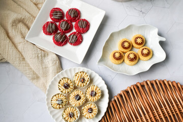 Popular cookies in Malaysia during celebration of Eid Mubarak (Hari Raya) on white background and selective focus.