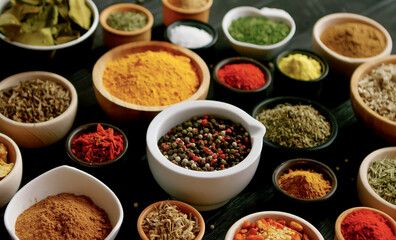 Black stone cooking background. Spices and vegetables. Top view. Free space for your text. A set of spices and herbs. Indian cuisine. Pepper, salt, paprika, basil, turmeric.