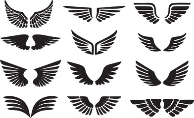 Fototapeta na wymiar Wings in pair. Elements for design, Set of black wings. Collection of wings badges. High HD resolution. Easy to use in designing poster, banner or flyer.