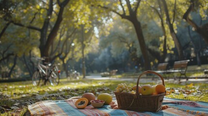 Biking picnic in a summer park, colorful blankets and seasonal fruit spread