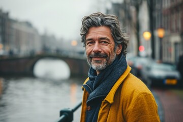 Handsome middle-aged man with gray hair in a yellow coat and blue scarf walking along the canals of Amsterdam