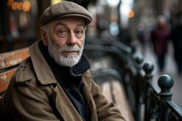Fototapeta premium Portrait of an old man sitting on a bench in the city
