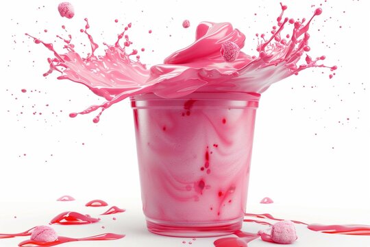 3d render, liquid pink red splash, mixed fruit yogurt drink, smoothie, wavy splashing, paint, isolated on white background