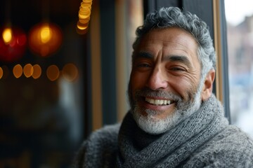 Fototapeta premium Portrait of a senior man with grey hair and beard in a cafe.