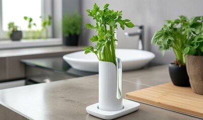 A modern vase with a lush green plant, adding freshness and elegance to any space, inspired by the idea of a toothbrush holder mimicking a celery stalk. Generative AI.