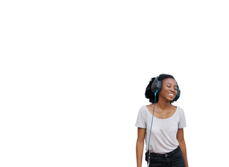 Woman, relax and listening to music with headphones for break, happiness and sound with podcast or radio. African girl, person and face with smile for streaming isolated on png transparent background