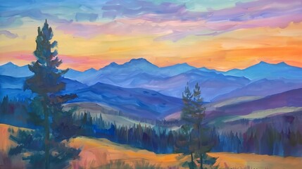 Dawns palette of colors over serene mountains