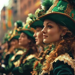 Vibrant green and gold-clad women dance through a lively Saint Patrick's Day parade, cheered on by...
