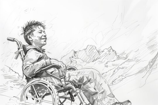 Smiling disabled boy sits in wheelchair in the mountains. Monochrome black and white sketch of the young man affected by cerebral palsy. Rehabilitation picture.