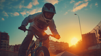 Photo of a young man riding a BMX bike in the form of extreme sports in the early morning. - obrazy, fototapety, plakaty