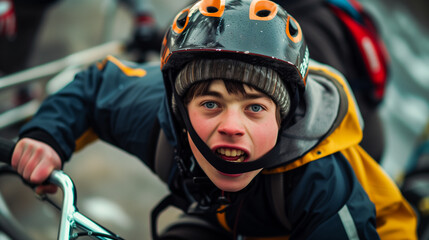 photo of a young boy having fun doing acrobatic sports on a BMX bike.