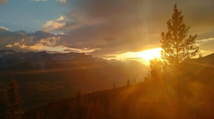 Golden sunrise enveloping the mountains, a peaceful, awe-inspiring view