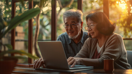 Photo of an elderly Asian couple sitting at home using a laptop computer, shopping online, telecommuting.