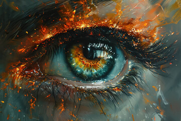 Phoenix eye amidst rebirth flames piercing gaze closeup - obrazy, fototapety, plakaty