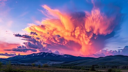 Silhouettes of majestic peaks under a sky ablaze with sunset colors - obrazy, fototapety, plakaty