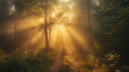 A misty forest path at sunrise with rays of light filtering through the trees, creating a magical and serene ambiance. Generative AI.