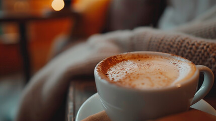 A cozy warm coffee shop scene closeup on a delicious cappuccino artful foam inviting a moment of relaxation