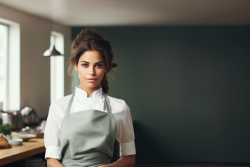 Confident Professional Female Chef in Modern Kitchen, Open Empty Text Copy Space Used for a Cooking Class Poster, Announcement, Invitation, or Sign
