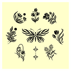 Hand drawn flower silhouette elements