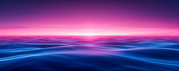 Panoramic view of a serene ocean at dawn, with a vibrant skyline transitioning from pink to blue, reflecting natures calm