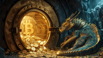 A dragon guarding a vault filled with gold coins and bitcoins symbolizing wealth and security in the digital age - obrazy, fototapety, plakaty