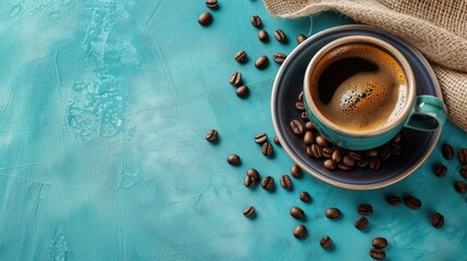 Aromatic Coffee Cup Amidst Beans on Blue Background, Ai Generated - obrazy, fototapety, plakaty