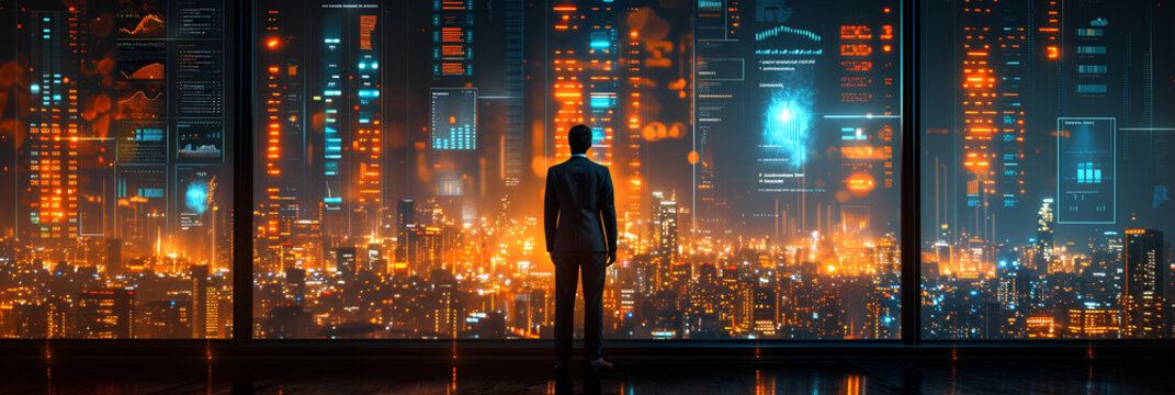 Fototapeta Executive looking out large windows and seeing a visual of a large infographic - data analytics - bar graphs - finance - stock market 