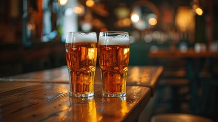 Enjoy the cozy ambiance with two glasses of beer on a wooden pub table. Ai Generated