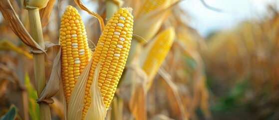 Corn cobs stand tall in a lush corn plantation field, ripe for harvest, Ai Generated.