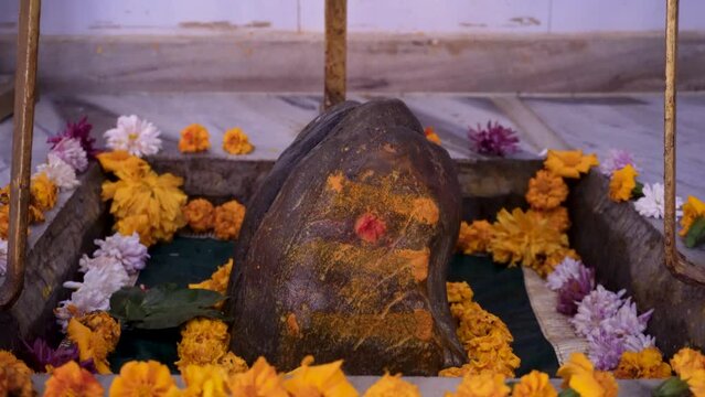 Sacred Shiva Shila Close-Up at Ekeshwar Mahadev Temple, Pauri Garhwal, Uttarakhand, India - Hindu Culture and Religion
