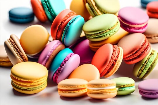 colorful macrons, closeup shot, white background