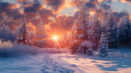 Snowy fir tree in beauty nature scenery, Winter landscape with pine forest covered with snow at sunset. Generative AI.