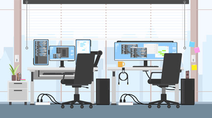 Contemporary workspace office desk with curtain, Empty coworking area, Modern office room interior, City view office place, Office background illustration.