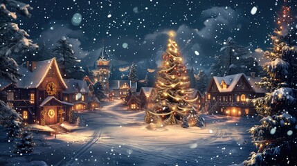 Vintage-style Christmas village twinkles at night, a fairy-tale snow wonderland unfolds, Ai Generated.