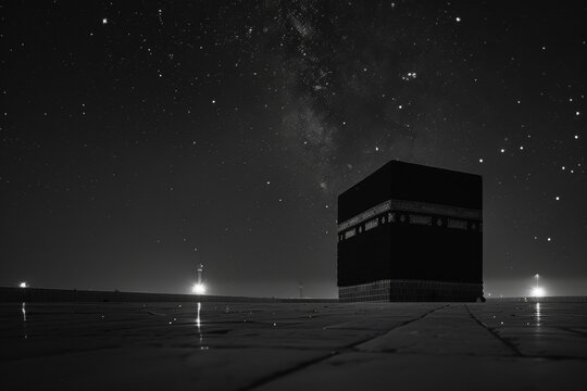 close-up photo of the Kaaba, showing its black and gold cloth covering