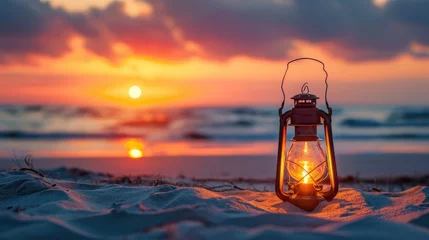 Photo sur Plexiglas Coucher de soleil sur la plage Lantern in the sand before a beautiful beach at sunset. Coastal tranquility, Ai Generated.