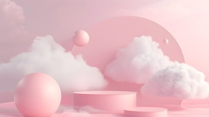 Pastel Pink 3D Podium: Cloud Sky Platform for Product Display in Dreamy Studio Setting