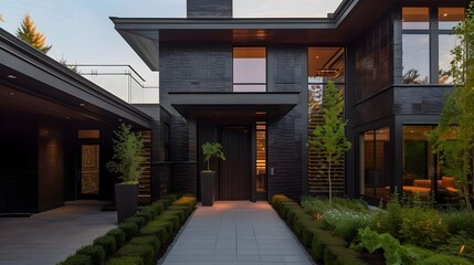 Fototapeta na wymiar Stylish Residence Exterior: Dark Ceramic Tile Siding with Tall Front Entry Door
