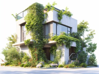 Showcases a modern, sustainable living space with green technology at its core. Generative AI