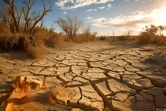 The land is cracked and dry, severe impacts from water scarcity.