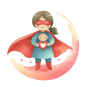 recommend clip art: Super Mom Mother's Day cartoon clipart vector strong woman. Superhero mom characters. watercolor illustration. 