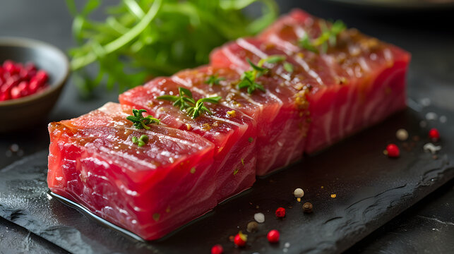 row of Bluefin Tuna Toro on a stone tray, food photography