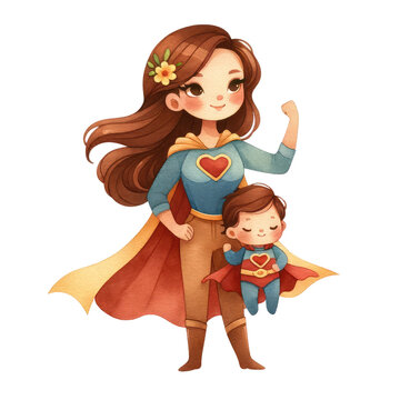 Super Mom Mother's Day cartoon clipart vector strong woman. Superhero mom characters. watercolor illustration. 