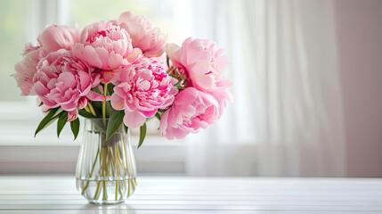 A bouquet of pink beautiful peonies on the table of a bright  kitchen