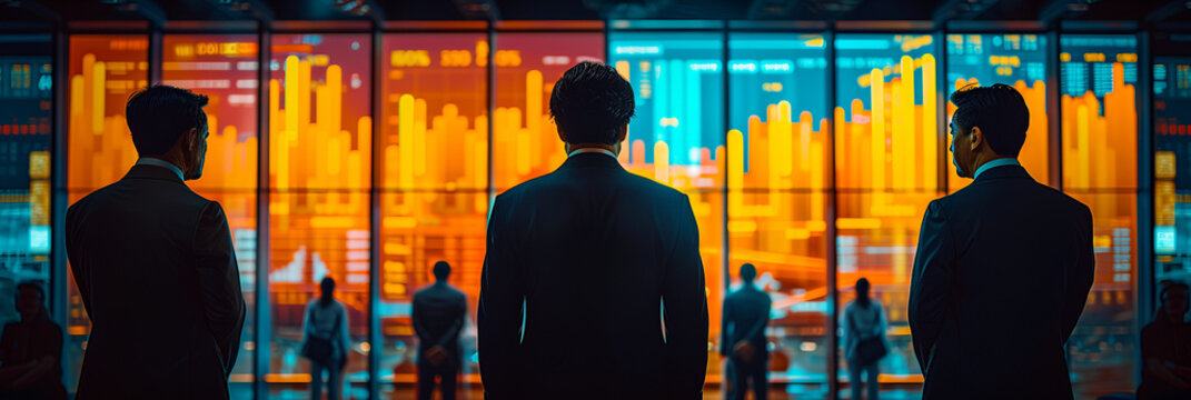 Executives looking out large windows and seeing a visual of a large infographic - data analytics - bar graphs - finance - stock market