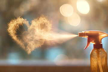Cleaning spray bottle with a heart shaped splashes on blurred modern interior with circle bokeh. Washing concept with copy space. Spring cleaning service.	 - obrazy, fototapety, plakaty