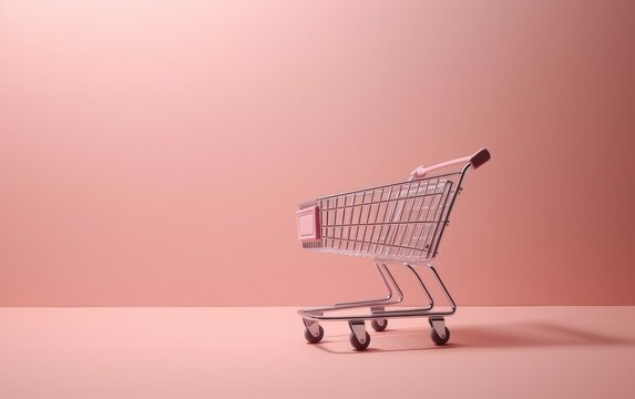 Isolated shopping cart on pink background with white space, online shopping promotion advertising, e-commerce, online shopping add to cart, seasonal promotion, summer sale