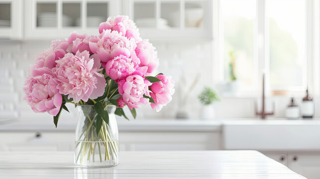 A bouquet of pink beautiful peonies on the table of a bright cozy kitchen