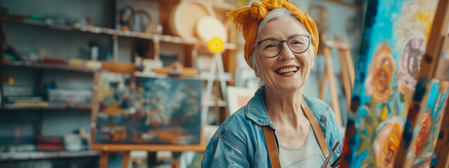 Joyful senior female artist with glasses and a yellow headscarf smiling in an art studio, with colorful paintings and artistic supplies in the background - obrazy, fototapety, plakaty